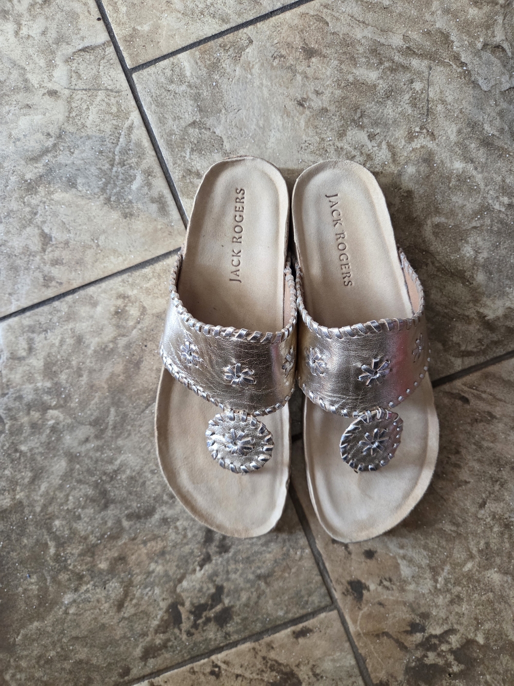 Jack Rogers Metallic Silver Thong Sandals with Medallion Accents